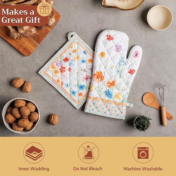 Maison d'Hermine Oven Gloves 100% Cotton Oven Mitt 7" x 13" with Loop Heat Resistant BBQ Cooking Gloves Baking Grilling Kitchen Hotel Home Farmhouse Spring Summer (Pack of 1, Summer Whisper)