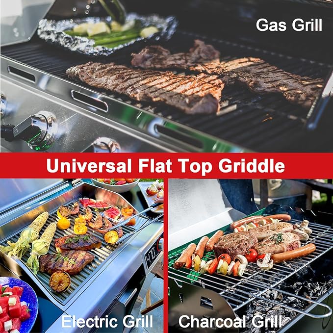 25" x 16" Nonstick Griddle Insert for Gas Grills, Carbon Steel Flat Top Griddle for Gas/Electric/Charcoal Grill, Universal Cooking Plate with Grease Groove for Outdoor Camping Tailgating Parties