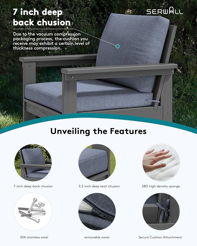 SERWALL HDPE Patio Furniture Set, 7-piece Outdoor Sectional Sofa Set, All Weather Outdoor Couch Set for Deck, Lawn, Grey Frame with Grey Cushion