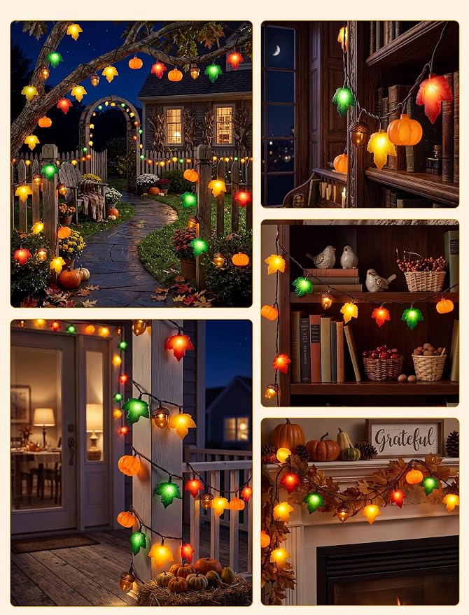8.5Ft Fall Decor String Lights, 10 LED 3D Pumpkin Acorn Maple Leaf Plug in | End-to-end Connectable, Waterproof & UL Listed Vintage Bedroom Autumn Party Harvest Fall Halloween Thanksgiving Decorations
