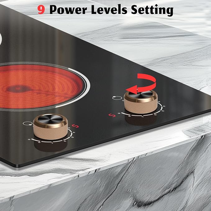 2 Burner Electric Cooktop, Built-in & Countertop Electric Stovetop 12 Inch | Ceramic Cook Top with Knob Control, 9 Power Levels Setting, Over-Temperature Protection, 110V - 120V Plug in, Traenvir