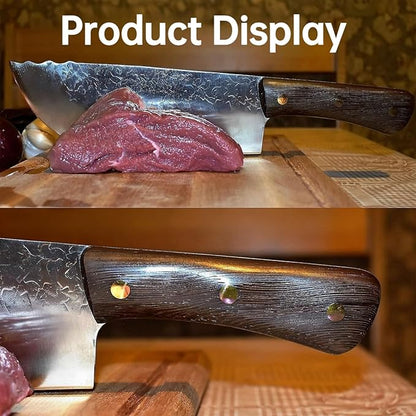 2PCS Meat Cleaver Knife, 7.48" Lightweight Cleaver Knifes, 5.5" Viking Knife with Leather Sheath, Full Tang High Carbon Steel, for Meat Cutting Home & Outdoor Cooking BBQ