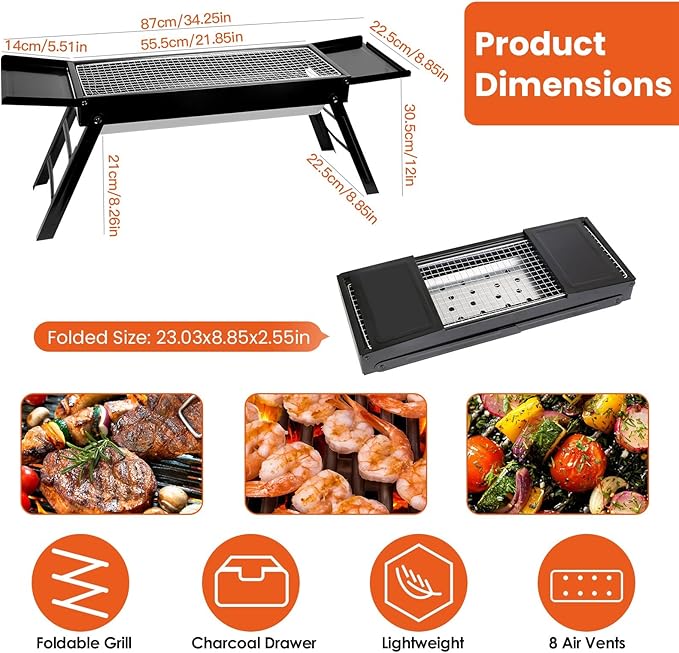 Charcoal Grill,Portable Folding BBQ Grill with Side Table,Tabletop Barbecue Grill with Stainless Steel Grill Net Easy Setup for Outdoor Camping Picnic Party Backyard