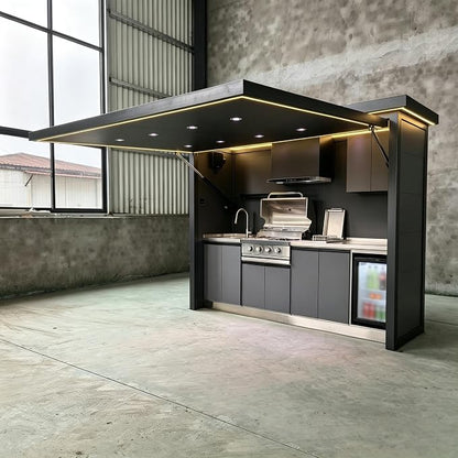 Luxury Prefab Outdoor Kitchen Island with Roof and Grill, Modular Outdoor Kitchen Pod with Sink Refrigerator Storage Cabinet, Backyard Patio BBQ Cooking Station for Outdoor Gatherings