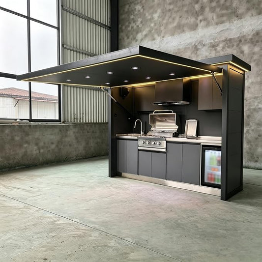 Luxury Prefab Outdoor Kitchen Island with Roof and Grill, Modular Outdoor Kitchen Pod with Sink Refrigerator Storage Cabinet, Backyard Patio BBQ Cooking Station for Outdoor Gatherings