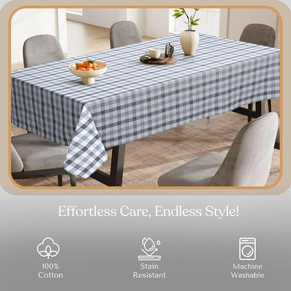 Gingham Check Tablecloth, 100% Cotton, 60x84 Inch, Durable & Washable Table Cover for Dining, Picnic, Farmhouse Kitchen, Indoor Outdoor Use - Dark Grey, Light Grey, Natural
