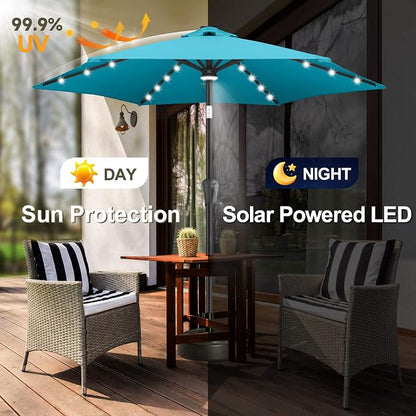 FLAME&SHADE Solar Patio Umbrella with Centre Light, 7.5 FT Aqua Blue | UV Protection, Small Solar Outdoor Umbrella for Porch, Deck, Backyard, Garden, Provides Evening Lighting, 24 LED Lights