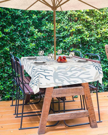 Blue Grey Coral Coastal Outdoor Tablecloth - 60x84 Inch Rectangle Waterproof Dining Table Cover, Summer Beach Seaside Nautical Outdoor Table Cloth with Umbrella Hole & Zipper for Patio