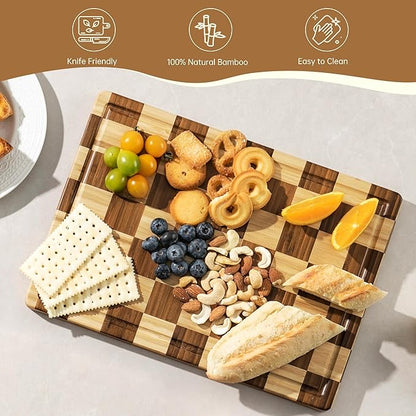 Bamboo Cutting Boards for Kitchen, Checkered Thick End Grain Wood Chopping Board with Juice Groove, Butcher Block for Meat, Bread & Fruit, Medium, 14"L x 10"W x 0.8"Th