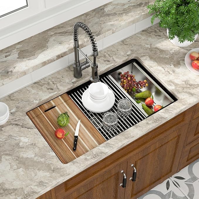 Mocoloo 33 Inch Black Granite Composite Kitchen Sink - 33x19 Undermount Ledge Workstation, Matte Black Quartz Single Bowl Under Counter Kitchen Sinks