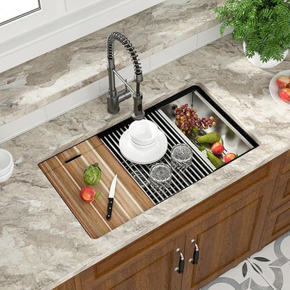Mocoloo 33 Inch Black Granite Composite Kitchen Sink - 33x19 Undermount Ledge Workstation, Matte Black Quartz Single Bowl Under Counter Kitchen Sinks