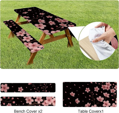 ANNA QUEEN Spring Floral 6FT Picnic Table Cover with Bench Covers Set of 3 with Drawstring Bag, Cherry Blossom Pink Flowers 72"x30" Waterproof Picnic Tablecloth & Bench Covers for Outdoor Garden