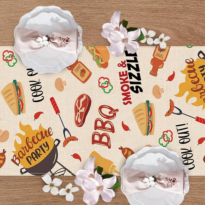 Barbecue Dining Table Runner, Summer BBQ Grill Tools Hot Dog Steak Sauce Burlap Kitchen Decoration, Cook Out Smoke Sizzle Indoor Outdoor Home Decor Party Supply 13 x 72 Inches