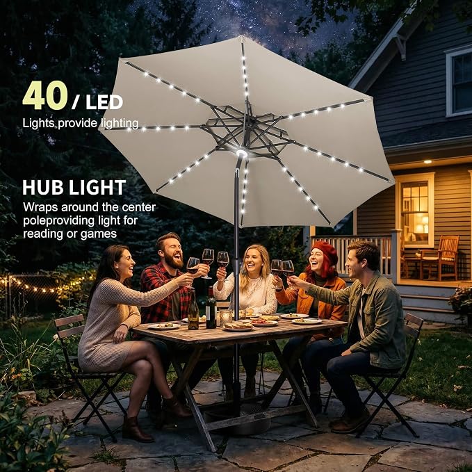 Solar Patio Umbrella Outdoor with Centre Light, 9 ft Taupe | 2 Tiers, 40 LED Lights, UV Protection, Solar Outdoor Umbrella for Porch, Deck, Pool, Garden, Provides Evening Lighting