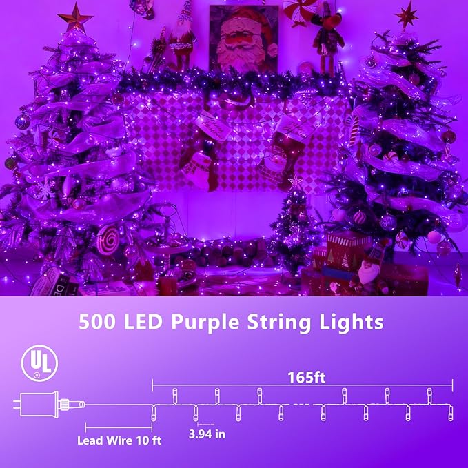 YEGUO 165ft 500 LED String Lights Outdoor Waterproof, Purple Christmas Lights Plug in, Twinkle Christmas Tree Lights Indoor with Timer Memory 8 Modes