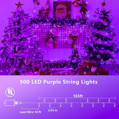 YEGUO 165ft 500 LED String Lights Outdoor Waterproof, Purple Christmas Lights Plug in, Twinkle Christmas Tree Lights Indoor with Timer Memory 8 Modes