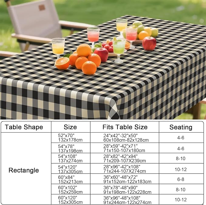 Smiry Picnic Table Cloth, Vinyl Tablecloths with Flannel Backing, 60"x102" | Waterproof Rectangle Table Cloth, Wipeable Buffalo Plaid Table Cover for Indoor and Outdoor (Black & Beige)