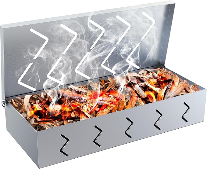 BBQCuker Grill Smoker Box, Stainless Steel Food Safe, Works with Wood Chips Smoked BBQ Flavor, Hinged Lid,Warp Free Grill Accessories (1pcs, 9x4 inches)