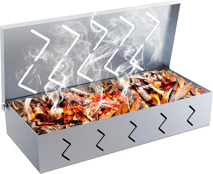 BBQCuker Grill Smoker Box, Stainless Steel Food Safe, Works with Wood Chips Smoked BBQ Flavor, Hinged Lid,Warp Free Grill Accessories (1pcs, 9x4 inches)