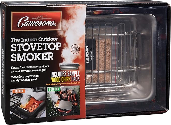 Camerons Indoor Outdoor Stovetop Smoker - Stainless Steel Barbecue Smoker Box w/Oak Wood Chips & Recipes - Works On Any Stovetop or BBQ Grill for Smoking Meats - Grilling Gift for Father's Day