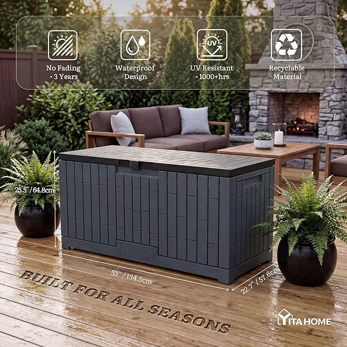 YITAHOME 120 Gallon Large Deck Box, Resin Outdoor Storage Box for Outdoor Pillows, Garden Tools and Pool Supplies, Waterproof, Lockable, Dark Gray