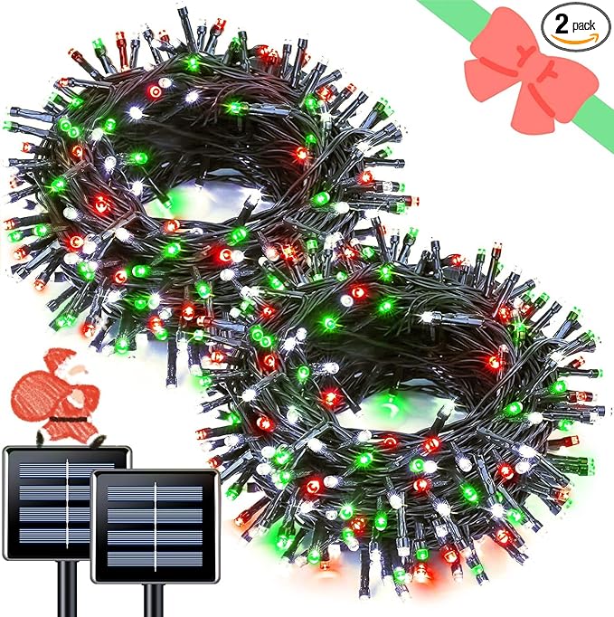 JMEXSUSS 2 Pack Solar String Lights Outdoor Waterproof, Total 66 FT 200 LED Solar Christmas Lights Outdoor, Twinkle Light for Christmas Tree Outside Garden Yard Xmas Decor, Red White and Green