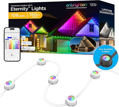 Enbrighten Eternity Permanent Outdoor Lights, 150ft with 108 RGBWIC LED Lights, App‑Controlled, Cuttable, Christmas, Accent & Year‑Round Eave Lighting, Works with Alexa & Google Home, 85102