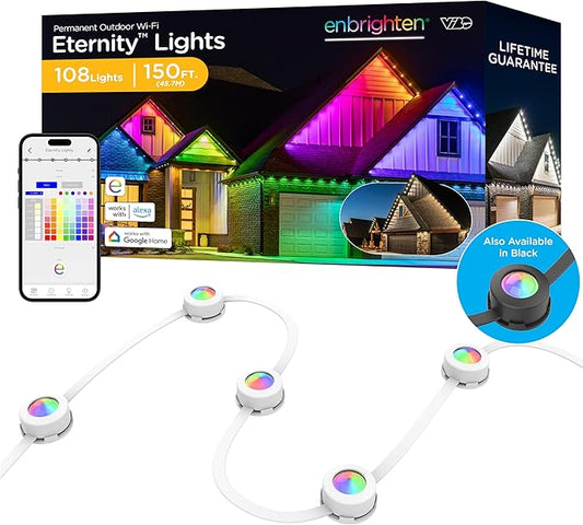 Enbrighten Eternity Permanent Outdoor Lights, 150ft with 108 RGBWIC LED Lights, App‑Controlled, Cuttable, Christmas, Accent & Year‑Round Eave Lighting, Works with Alexa & Google Home, 85102