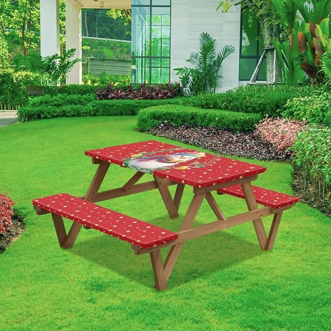 Camping Tablecloth with Elastic Band for Camping Party Supplies Christmas Snowman Picnic Table Cover with Bench Covers 3 PCS