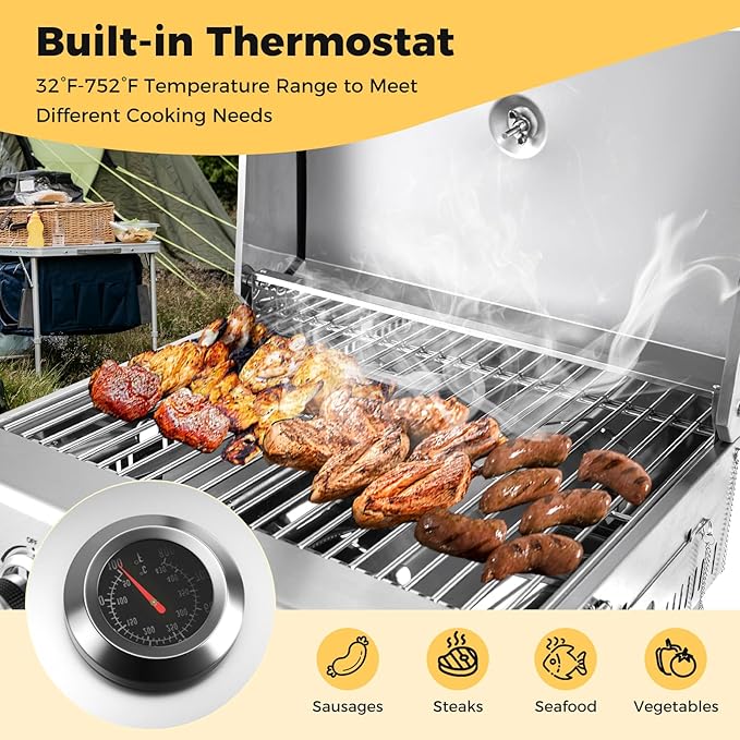 HAPPYGRILL Portable Gas Grill with 2-Burner, 20,000 BTU Total Stainless Steel Tabletop Propane Grill w/Handle, Built-in Thermometer & Extra Flame Rod, Foldable Legs for Outdoor RV BBQ Picnic