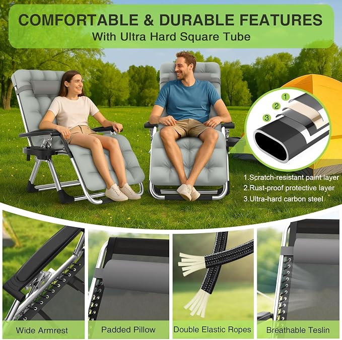 Suteck Zero Gravity Chairs Set of 2, Reclining Camping Chair with Cushion | Anti Gravity Recliner Lounge Chair with Aluminum Alloy Lock & Cup Holder, 90-170° Adjustable, for Lawn Patio Indoor