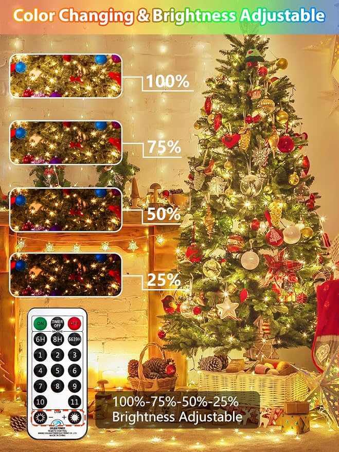 500 LED 165 FT Color Changing Christmas Lights with Remote Timer & 11 Modes | Warm White & Multicolor Fairy Xmas String Lights with Memory Function Waterproof for Tree Terrace Pillar Roof Birthday Decor