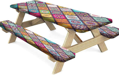 Boho Floral Picnic Fitted Tablecloth with Benches Covers, 3-pc Set, Flowers and Leaves Boho Camping Picnic Tablecloth Cover with Elastic Edge for Indoor/Outdoor/Patio, 72x28 in, Pink Blue