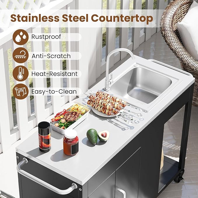 Happygrill 56" Outdoor Grill Table with Sink & Drainage, Heavy Duty Metal Grill Cart with Stainless Steel Top & Storage Cabinet, Outdoor Prep Table with Handles & Wheels for Patio, Garden & Backyard