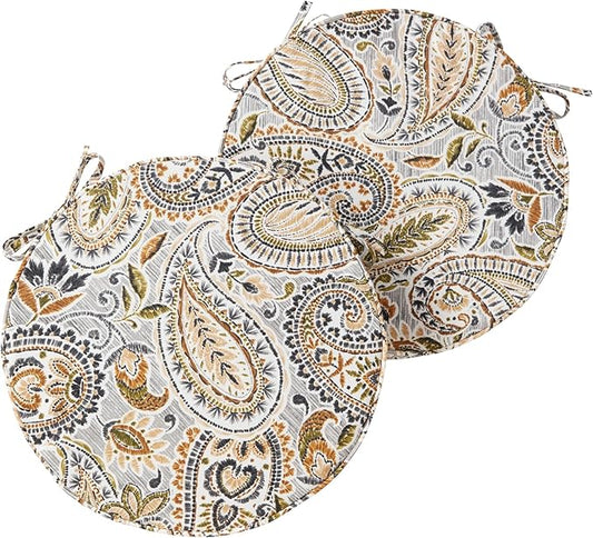 Set of 2 Outdoor 18 inch Round Patio Dining Chair Pads – Comfortable Fiber-Filled Seat Cushions with Ties, Reversible Polyester Fabric - Arctic Paisley