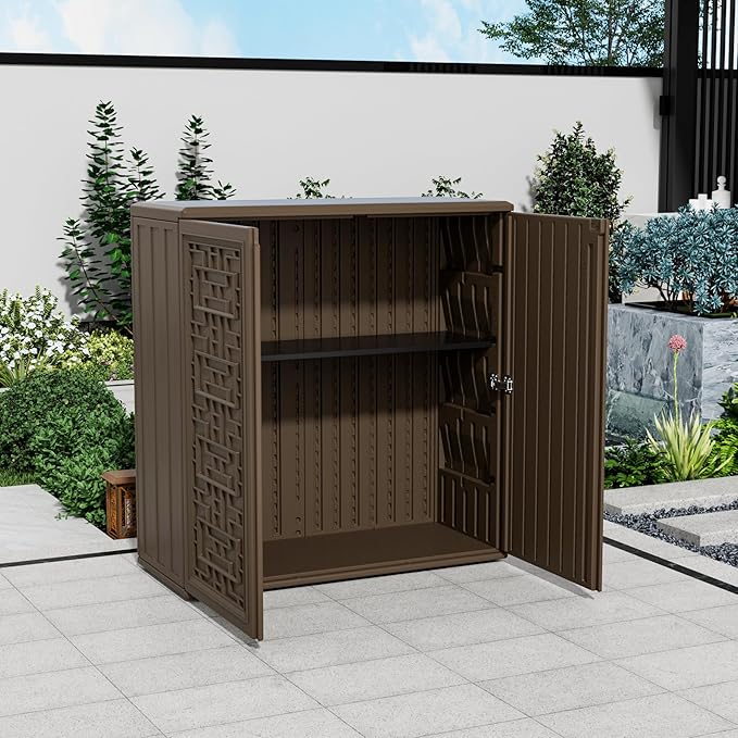 Mrosaa Storage Box Outdoor Caninet,Resin Indoor Storage Box Waterproof Outdoor Storage Cabinets for Patio/Garden/Backyard, Size 34.3''L*15''W*36.2''H(Brown)