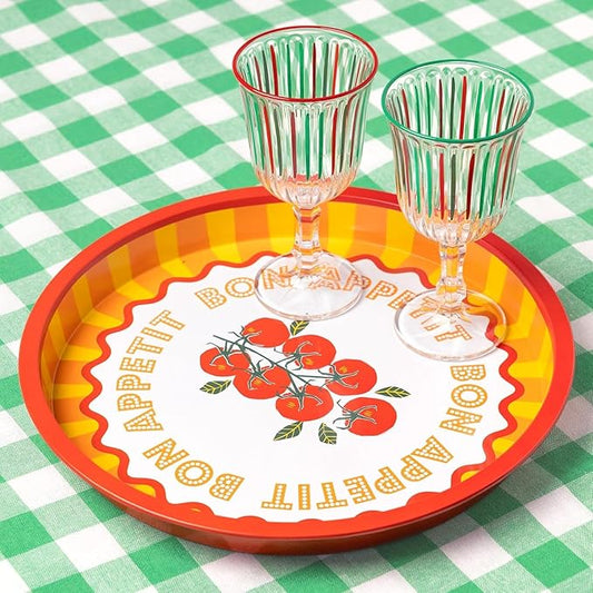 Talking Tables Large Round Serving Tray for Drinks, Snacks, Condiments Decorative and Colorful Tomato Design Summer Dining, BBQ, Outdoor Dining Garden Parties Made of Tin 12inches