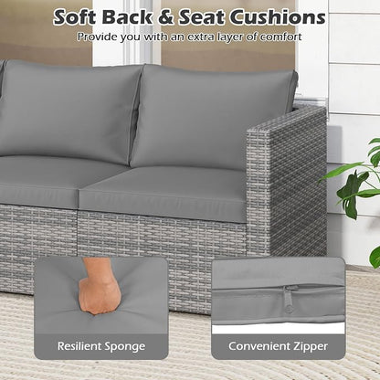 Tangkula 3 Seat Outdoor Wicker Sofa Set, Modular PE Rattan Patio Cushioned Sectional Couch Set, Outside Furniture Set for Deck, Backyard, Porch, Garden & Poolside (Grey)