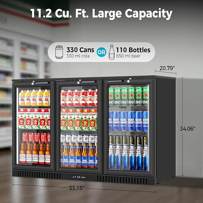 Back Bar Cooler with 3 Glass Door, 11.2 Cu.Ft Commercial Beverage Fridge, Under Counter Display Refrigerator with Safety Lock for Beer, Soda, Wine, Built-In/Freestanding for Bar Store Restaurant