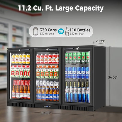 Back Bar Cooler with 3 Glass Door, 11.2 Cu.Ft Commercial Beverage Fridge, Under Counter Display Refrigerator with Safety Lock for Beer, Soda, Wine, Built-In/Freestanding for Bar Store Restaurant