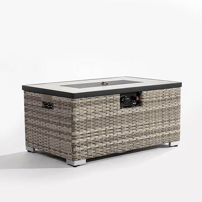 32in Gas Fire Pit Table Set, 50,000 BTU Propane Fire Pit Table Outdoor with Rain Cover, Hideaway Tank Holder Fits 20lb Tank, Gas Fire Pit for Outside w/Ceramic Tabletop and lid, Glass Rocks.
