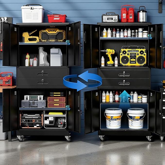 Metal Garage Storage Cabinet with 2 Drawers, 71'' Tall Lockable Storage Cabinet with Adjustable Shelves, Rolling Tool Cabinet on Wheels for Garage, Utility Room (Black)