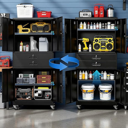 Metal Garage Storage Cabinet with 2 Drawers, 71'' Tall Lockable Storage Cabinet with Adjustable Shelves, Rolling Tool Cabinet on Wheels for Garage, Utility Room (Black)