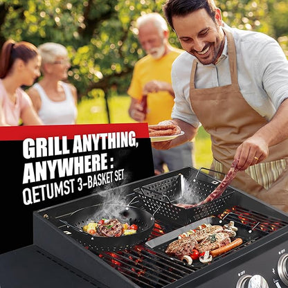 Qetumst Small Non-Stick 3 Piece Grill Basket Set – BBQ Grilling Basket for Vegetables, Seafood & Meat – Heavy Duty Perforated Grill Pan for Charcoal, Gas and Outdoor Grills, Easy to Clean Grilling Accessories