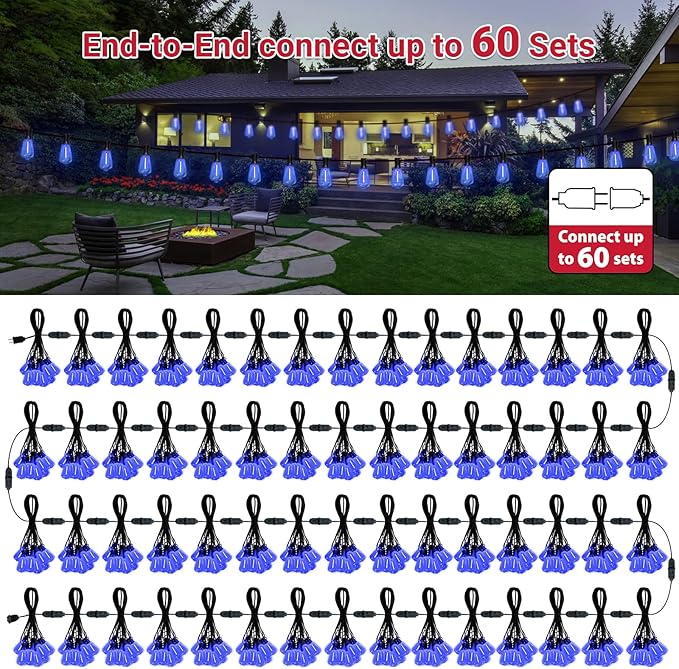 LAMPHOME 4-Pack 26Ft ST38 Outdoor String Lights, Blue LED Shatterproof Patio Lights with 12+1 Edison Bulbs, Perfect for Hanukkah, Bistro, Christmas & Party Decorations
