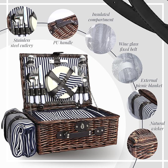 Wicker Picnic Basket Set for 4, Blanket, Cooler Bag, Blue Stripes | Four-Person Wicker Set Includes Tableware, Insulated Food Storage and Waterproof Blanket for Parks, Camping, Dates and Gifts