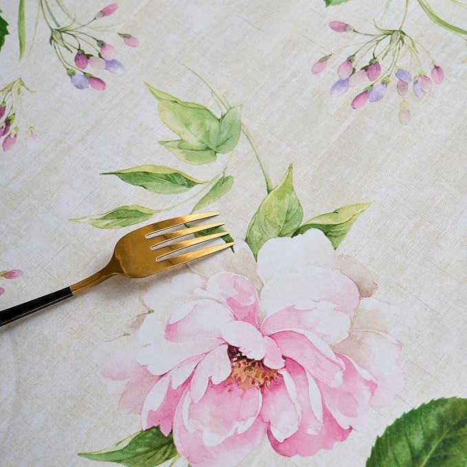 LIBERECOO Reinforced Vinyl Tablecloth with Flannel Backing Waterproof Oil-Proof Floral Plastic Table Cloth Stain-Resistant Wipeable Table Cover Not Stiff