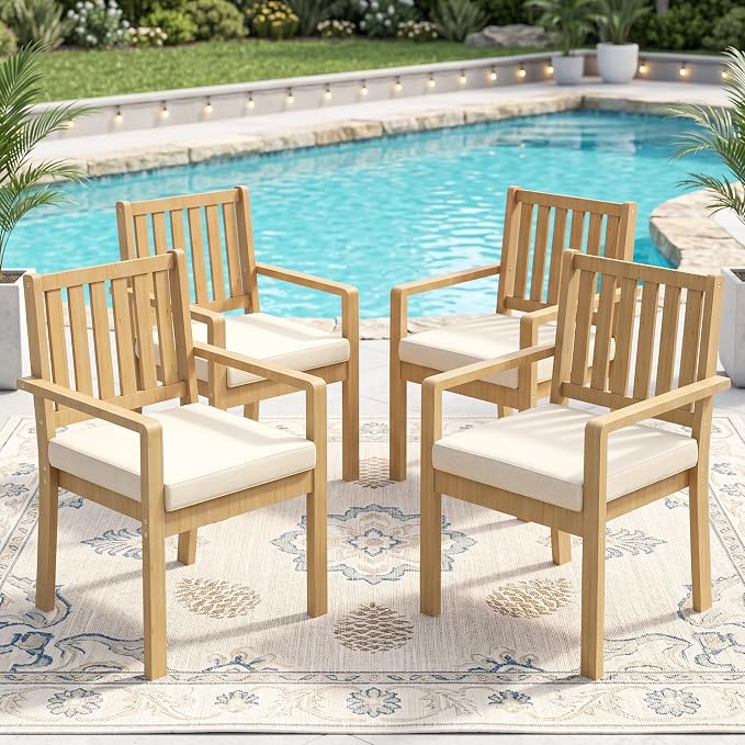 Wisteria Lane Acacia Patio Dining Chairs Set of 4, Outdoor Wood Chairs with Thick Cushions, Modern Patio Seating for Porch, Backyard, Garden, Indoor Use, Brown
