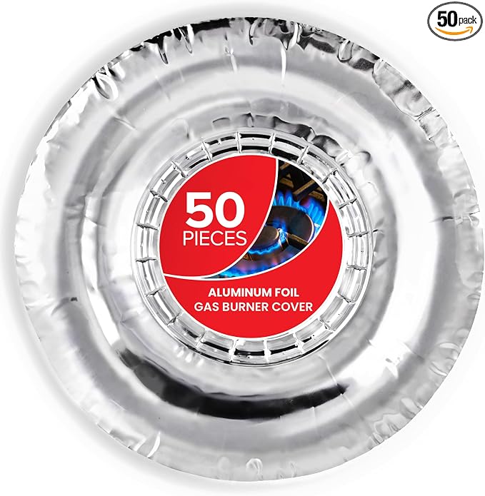 (50 Pack) Round Disposable Gas Burner Liners, Aluminum Foil Burner Covers for Gas Stove - 7.5 Inch Stove Liners for Gas Burners, Foil Liners to Catch Oil, Grease, and Food Spills, Stock Your Home