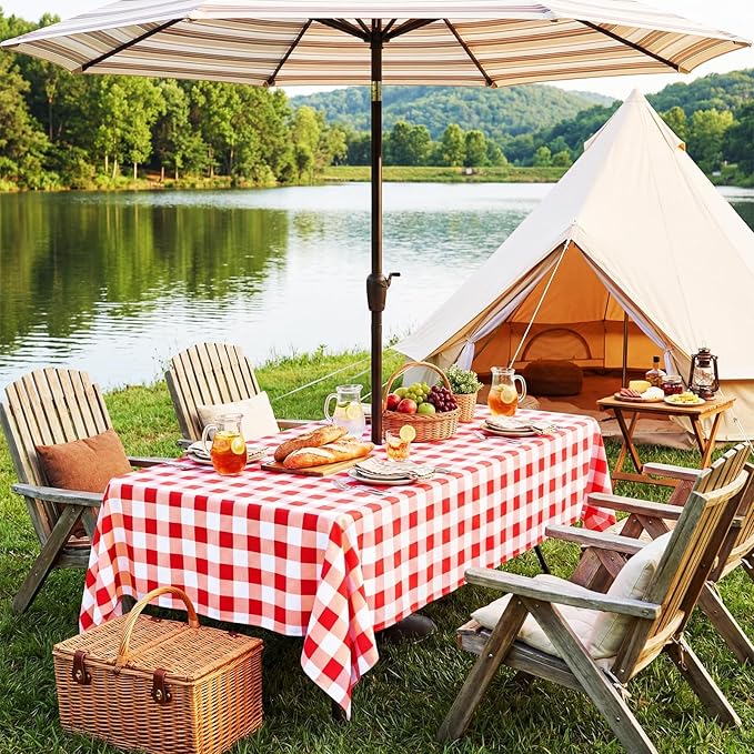 Poise3EHome Rectangle Outdoor Tablecloth with Umbrella Hole and Zipper,Red and White Gingham 84x60 Inch,SpillProof Washable Table Cloth for Spring Summer Patio Garden Poolside Picnic Camping BBQS